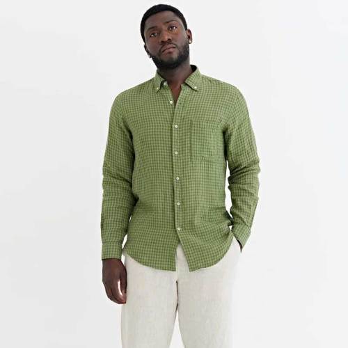 Custom Men's Green Gingham Linen Shirt Manufacturer | OEM/ODM Sustainable Button-Down Factory