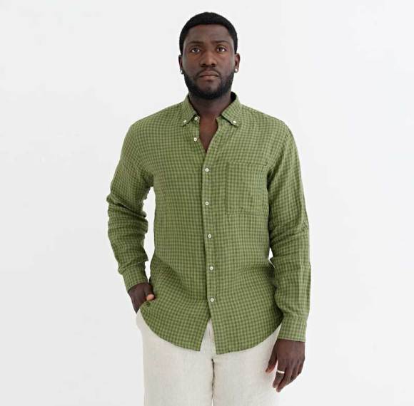 Custom Men's Green Gingham Linen Shirt Manufacturer | OEM/ODM Sustainable Button-Down Factory