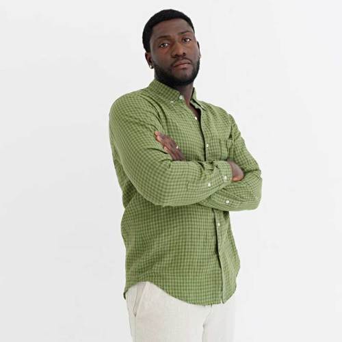 Custom Men's Green Gingham Linen Shirt Manufacturer | OEM/ODM Sustainable Button-Down Factory