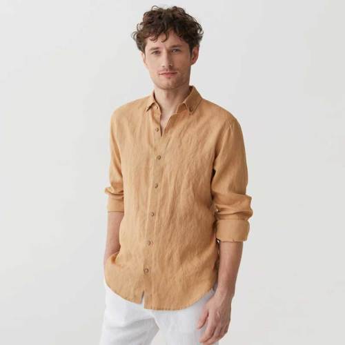 Custom Men's Camel Linen Shirt Manufacturer | OEM ODM Button-Down Collar Long Sleeve Sustainable Resort Wear Factory