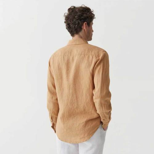 Custom Men's Camel Linen Shirt Manufacturer | OEM ODM Button-Down Collar Long Sleeve Sustainable Resort Wear Factory