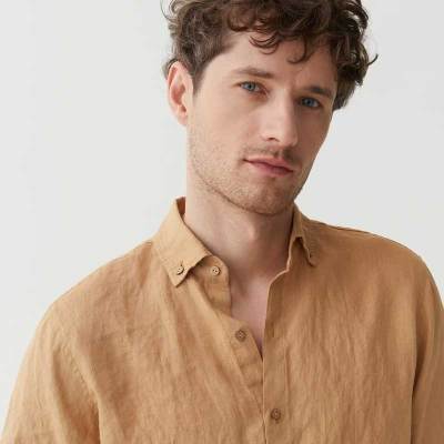 Custom Men's Camel Linen Shirt Manufacturer | OEM ODM Button-Down Collar Long Sleeve Sustainable Resort Wear Factory