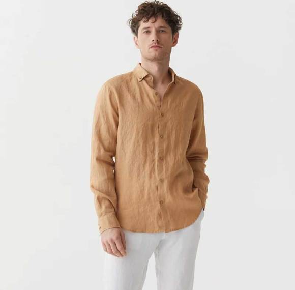 Custom Men's Camel Linen Shirt Manufacturer | OEM ODM Button-Down Collar Long Sleeve Sustainable Resort Wear Factory