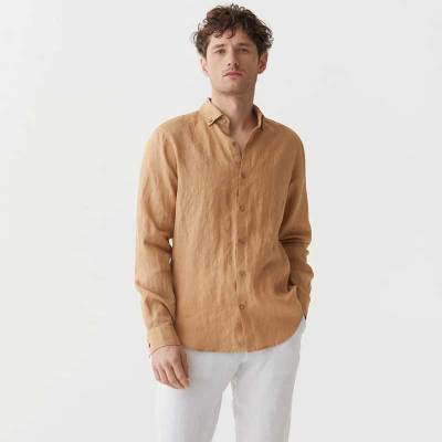 Custom Men's Camel Linen Shirt Manufacturer | OEM ODM Button-Down Collar Long Sleeve Sustainable Resort Wear Factory
