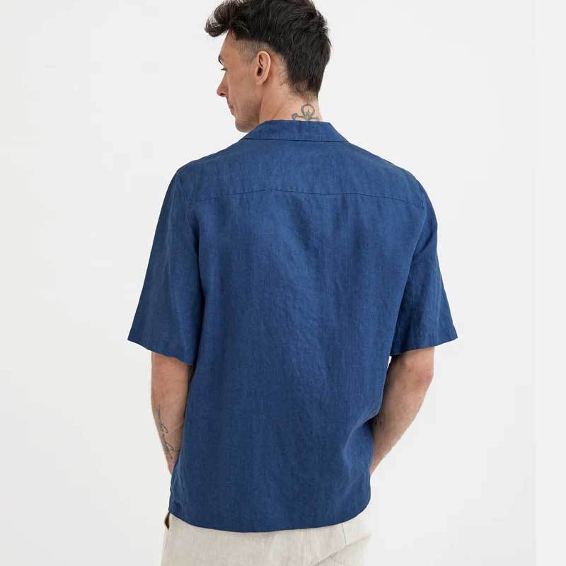Custom Men's Navy Blue Linen Camp Collar Shirt