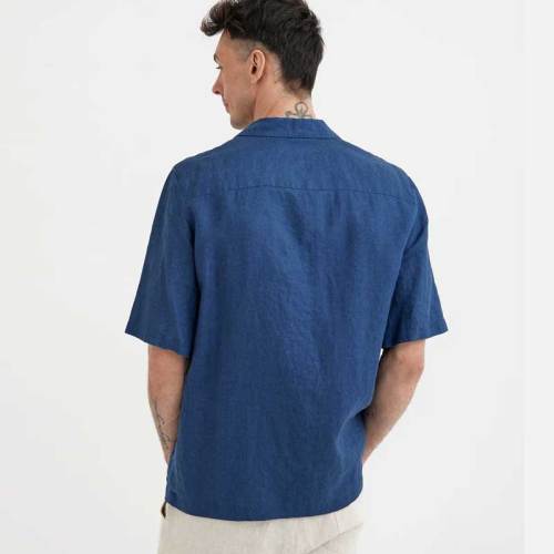Custom Men's Navy Blue Linen Camp Collar Shirt | Short Sleeve Cuban Collar Linen Shirt Manufacturer & Factory for USA & Europe