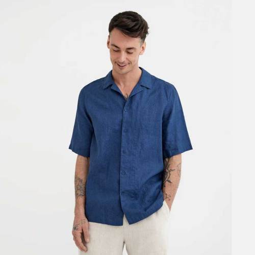 Custom Men's Navy Blue Linen Camp Collar Shirt | Short Sleeve Cuban Collar Linen Shirt Manufacturer & Factory for USA & Europe