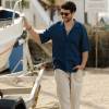 Custom Men's Navy Blue Linen Camp Collar Shirt | Short Sleeve Cuban Collar Linen Shirt Manufacturer & Factory for USA & Europe