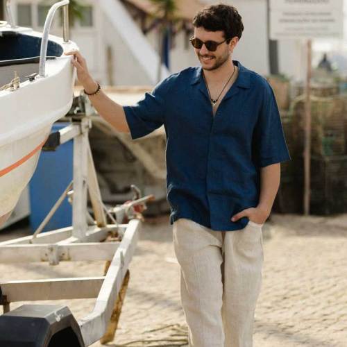 Custom Men's Navy Blue Linen Camp Collar Shirt | Short Sleeve Cuban Collar Linen Shirt Manufacturer & Factory for USA & Europe