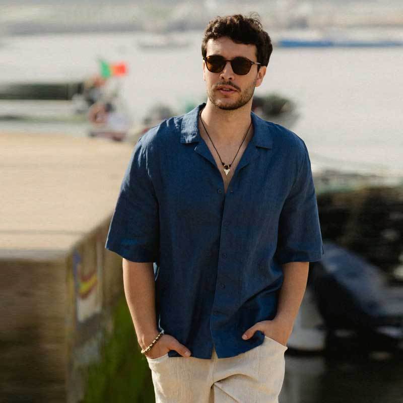 Custom Men's Navy Blue Linen Camp Collar Shirt