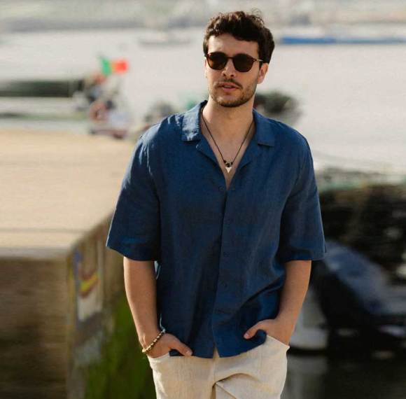 Custom Men's Navy Blue Linen Camp Collar Shirt | Short Sleeve Cuban Collar Linen Shirt Manufacturer & Factory for USA & Europe