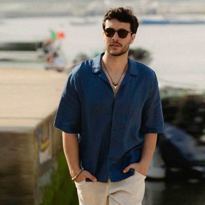 Custom Men's Navy Blue Linen Camp Collar Shirt | Short Sleeve Cuban Collar Linen Shirt Manufacturer & Factory for USA & Europe
