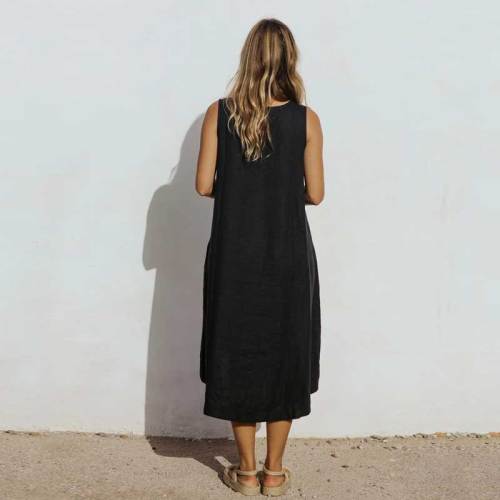 Custom Women's Black Linen Sleeveless Dress Manufacturer | High-Low Hem Resort Wear Factory