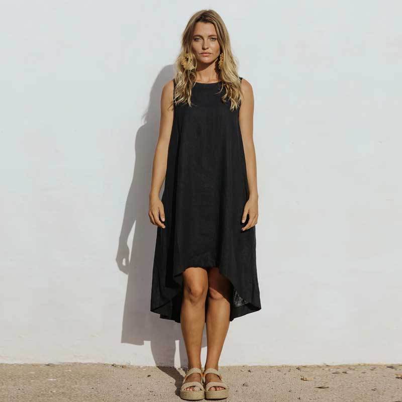 Custom Women's Black Linen Sleeveless Dress Manufacturer