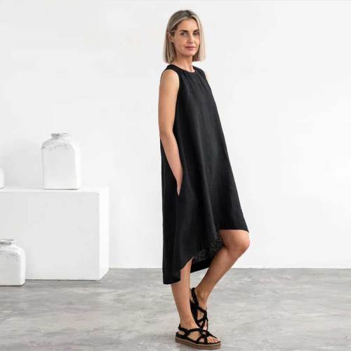 Custom Women's Black Linen Sleeveless Dress Manufacturer | High-Low Hem Resort Wear Factory