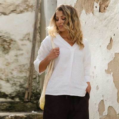 Custom Women's White Linen V-Neck Blouse Manufacturer | OEM/ODM Relaxed Fit 3/4 Sleeve Shirt Factory for US & European Brands