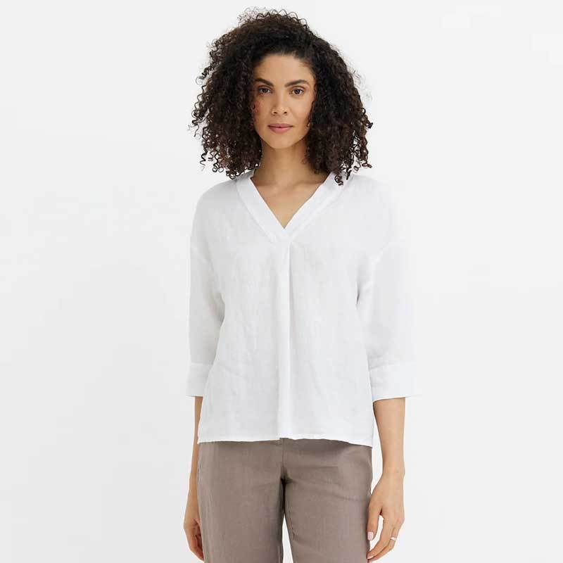 Custom Women's White Linen V-Neck Blouse Manufacturer 