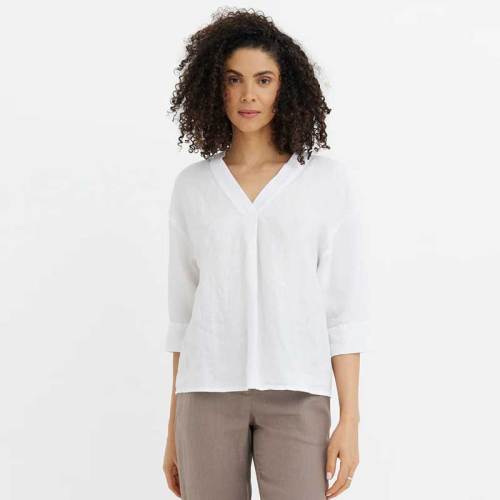 Custom Women's White Linen V-Neck Blouse Manufacturer | OEM/ODM Relaxed Fit 3/4 Sleeve Shirt Factory for US & European Brands