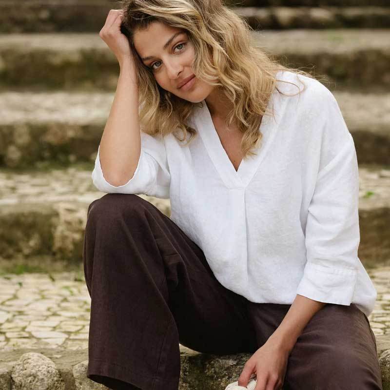 Custom Women's White Linen V-Neck Blouse Manufacturer 