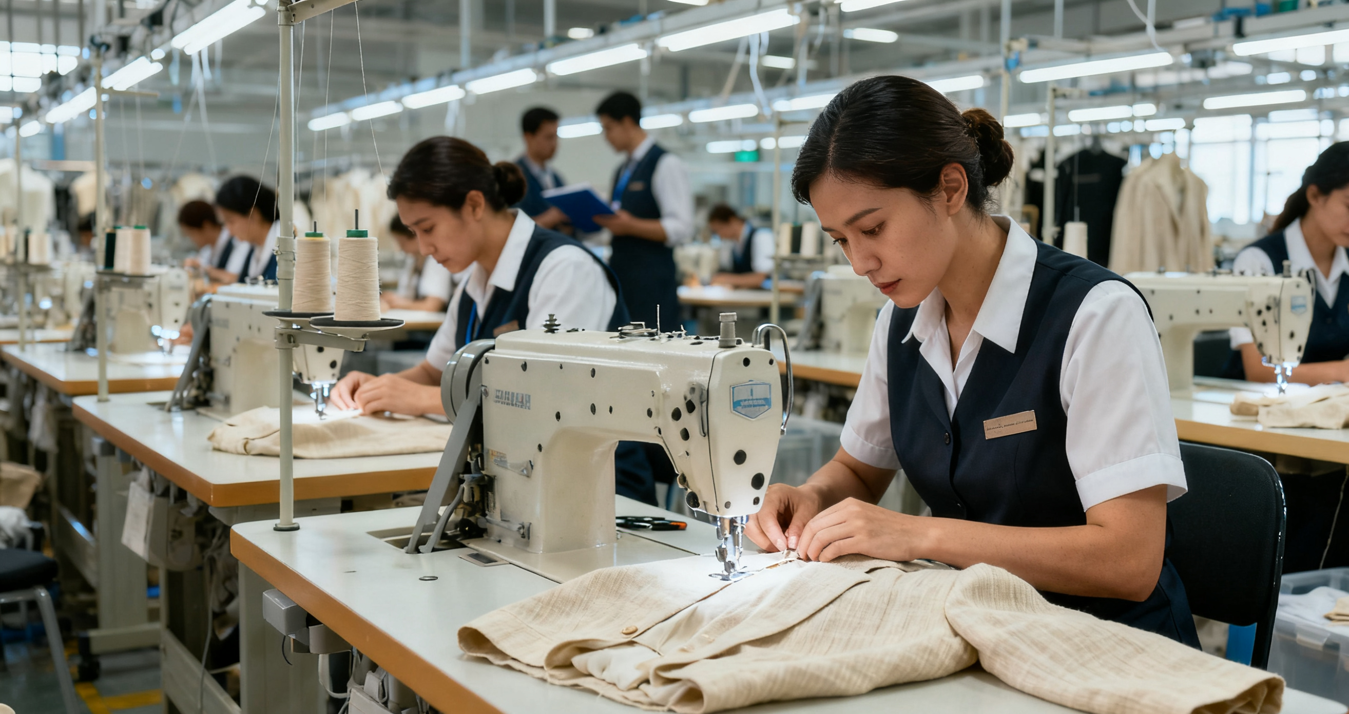 A professional, well-lit photo of a modern clothing factory floor with rows of sewing machines, workers in uniform attentively assembling light-beige linen garments, and quality control checks in the background. Style: professional photography, bright and clean