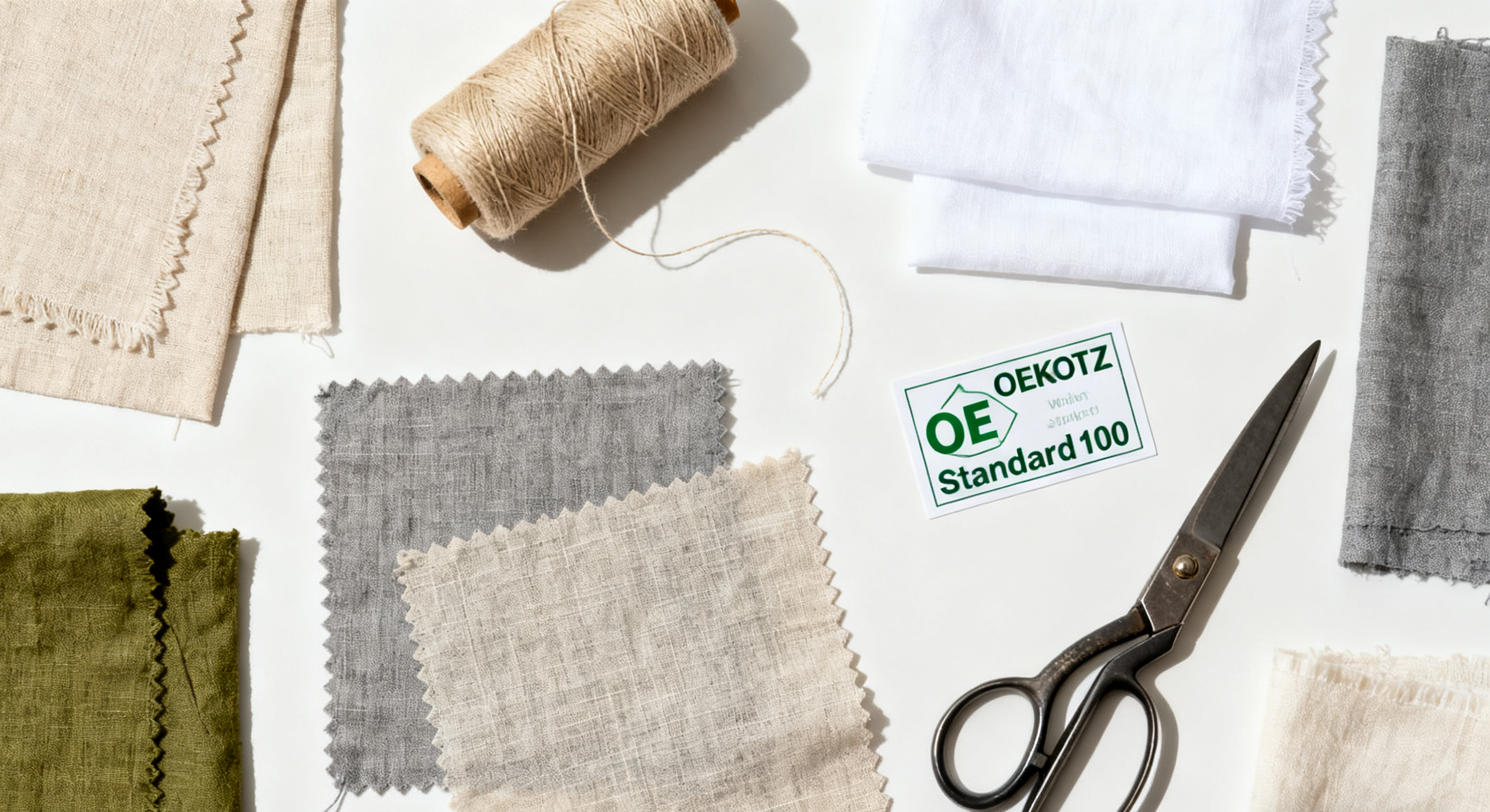 A flat lay of various linen fabric swatches in natural colors like beige, white, grey, and olive green, with a spool of thread, a pair of scissors, and a "OEKO-TEX Standard 100" certification label placed artistically nearby. Style: bright, crisp product photography.