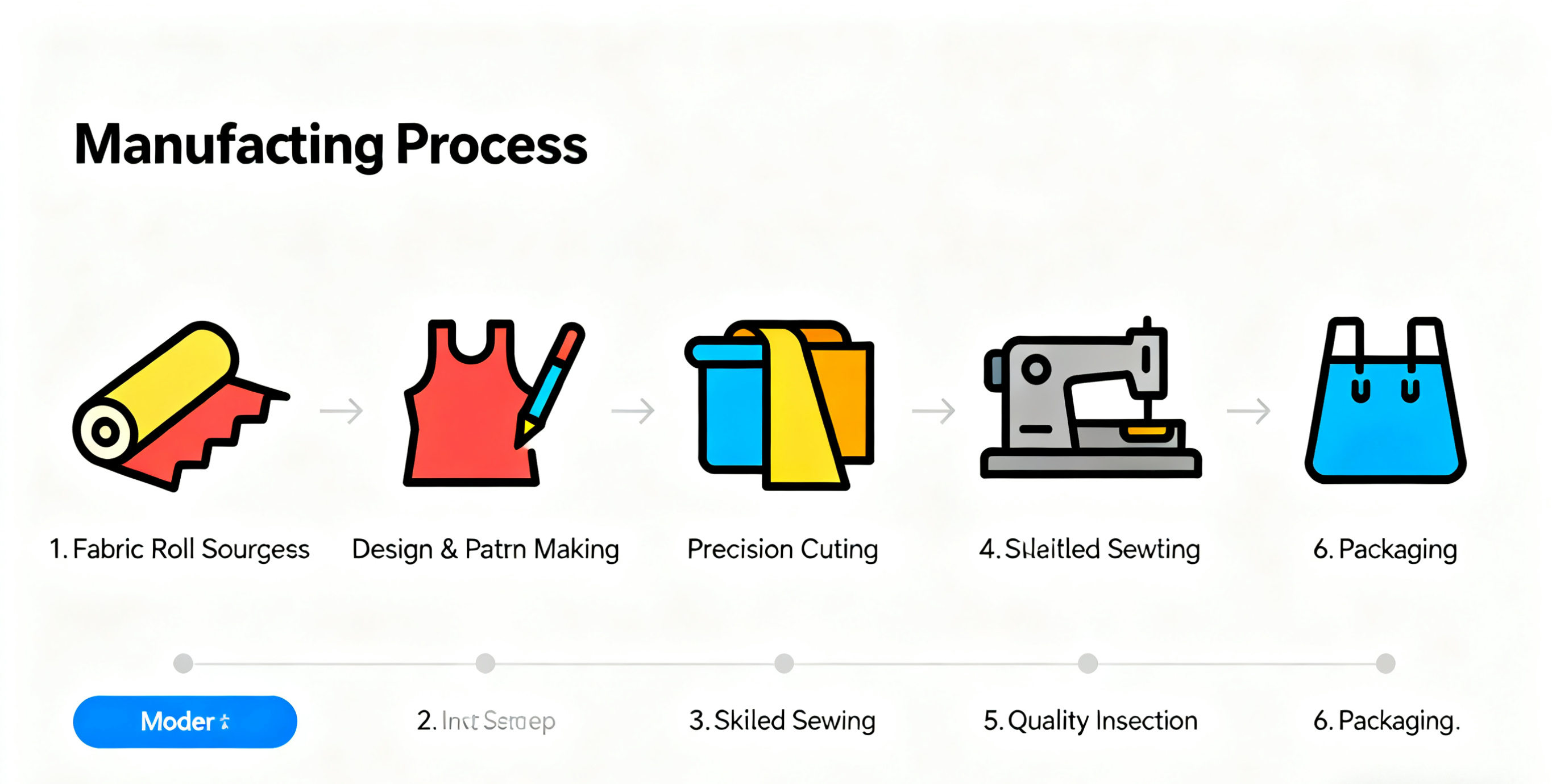 An infographic-style image showing the steps of the manufacturing process: 1. Fabric Roll Sourcing, 2. Design & Pattern Making, 3. Precision Cutting, 4. Skilled Sewing, 5. Quality Inspection, 6. Packaging. Style: modern, clean vector illustration with icons.