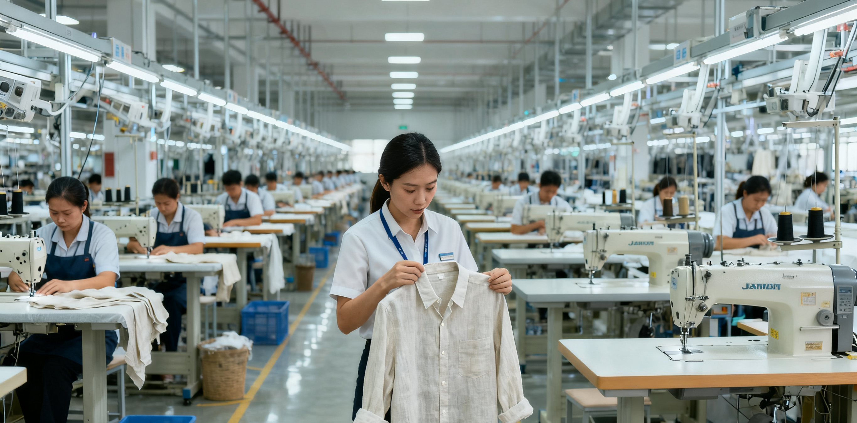 A wide-angle, bright, and clean photograph of a modern garment factory floor. Rows of industrial sewing machines are being operated by skilled workers in uniform. In the foreground, a quality control inspector is carefully examining a finished linen shirt. The image should convey professionalism, scale, and high-tech efficiency