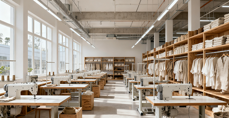 Modern sustainable linen clothing factory with natural light, organized sewing stations, and linen garments displayed on racks