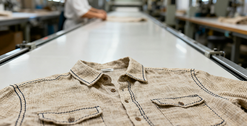 Close-up image of linen shirts being inspected on a long production table, showing weave texture and seam quality.