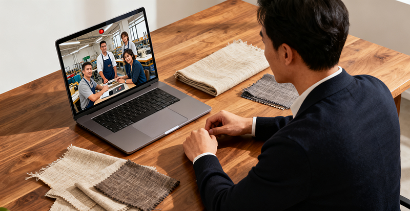 Brand owner on a video call reviewing linen samples with an overseas manufacturing team; laptop on a wooden desk with linen swatches.