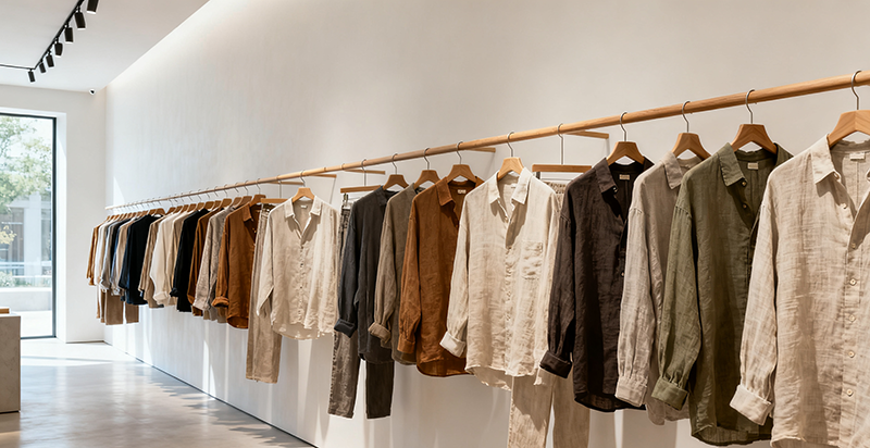 A wall display of finished linen shirts in various neutral tones, hanging on wooden hangers inside a bright, modern showroom.