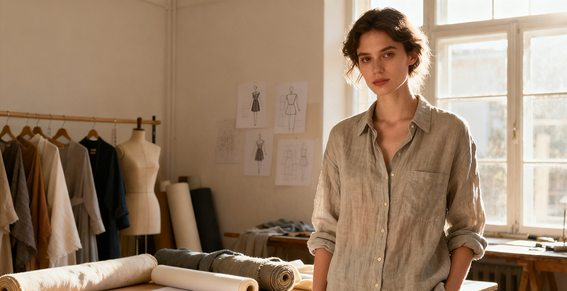 Model wearing a soft neutral-tone linen shirt standing in a sunlit atelier surrounded by fabric rolls and design sketches