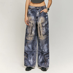 Chanjoye Custom Jeans | Vintage Batik Printing Cargo Pants | Streetwear Washed Baggy Denim Pants