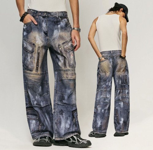Chanjoye Custom Jeans | Vintage Batik Printing Cargo Pants | Streetwear Washed Baggy Denim Pants