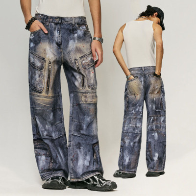 Chanjoye Custom Jeans | Vintage Batik Printing Cargo Pants | Streetwear Washed Baggy Denim Pants