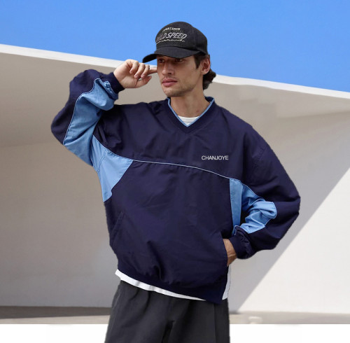 Chanjoye OEM Nylon Sweatshirt Custom Oversized Sweatshirt Pullover Pocket Drop Shoulder