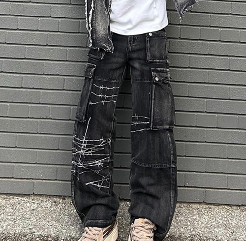 Chanjoye Custom Cargo Jean Pants | Designer Stacked Baggy Jeans | Stone Washed Denim Pants Wholesale