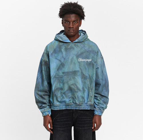 Chanjoye Custom Acid Wash Hoodie Streetwear Denim Hoodie Tie Dye Printed Sweatshirt Manufacturer