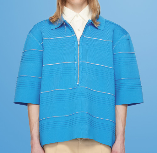 Chanjoye Textured Zip Polo Shirt | Modern Minimalist in Oversized Blue | Embroidery Tee Suppliers