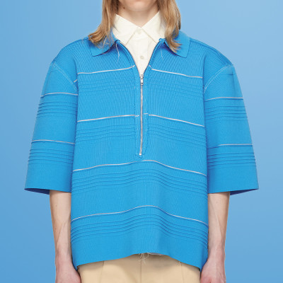 Chanjoye Textured Zip Polo Shirt | Modern Minimalist in Oversized Blue | Embroidery Tee Suppliers