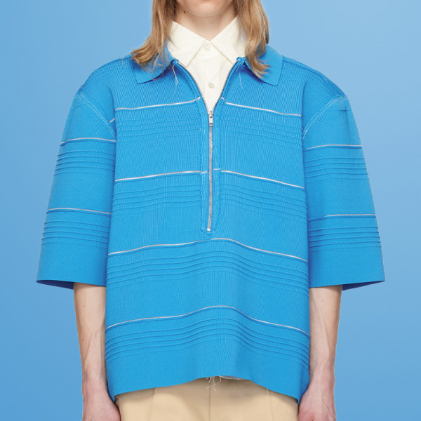 Chanjoye Textured Zip Polo Shirt | Modern Minimalist in Oversized Blue | Embroidery Tee Suppliers
