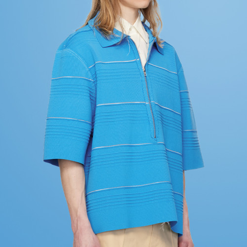 Chanjoye Textured Zip Polo Shirt | Modern Minimalist in Oversized Blue | Embroidery Tee Suppliers