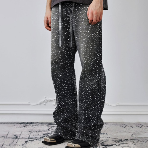 Chanjoye Rhinestone Flare Jeans | Edgy Shine Pants manufacturers  | OEM Acid Washed Oversized Pants