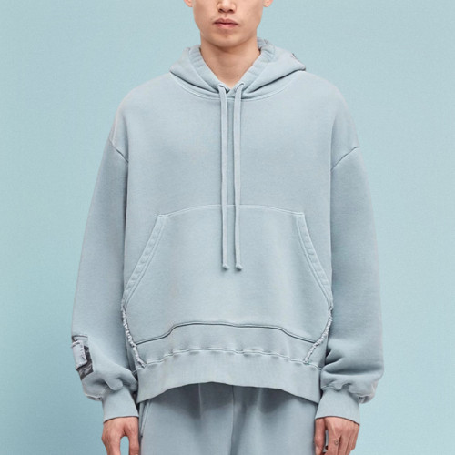 Chanjoye Cut and Sew Streetwear Custom Patch Work Drop Shoulder Hoodie Cotton Distressed Hoodie Supplier