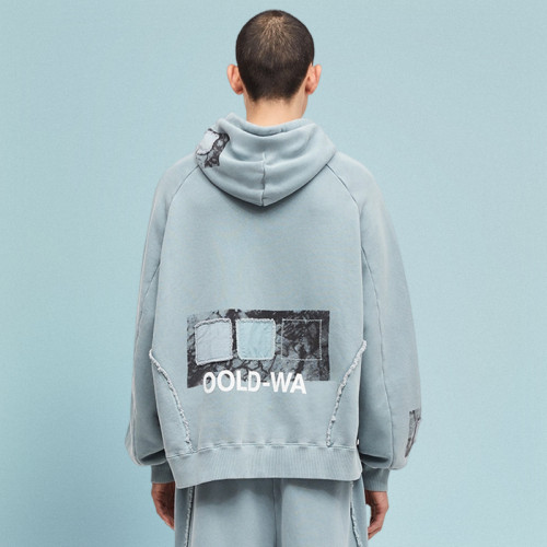 Chanjoye Cut and Sew Streetwear Custom Patch Work Drop Shoulder Hoodie Cotton Distressed Hoodie Supplier