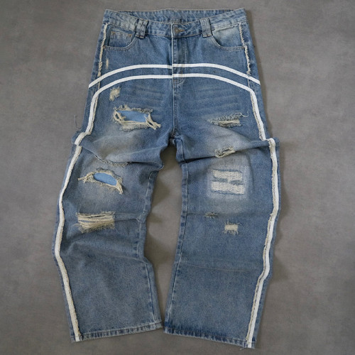 Chanjoye Acid Washing Reflective Jeans | Distressed Pants manufacturers | High Quality Splicing Pants Wholesale