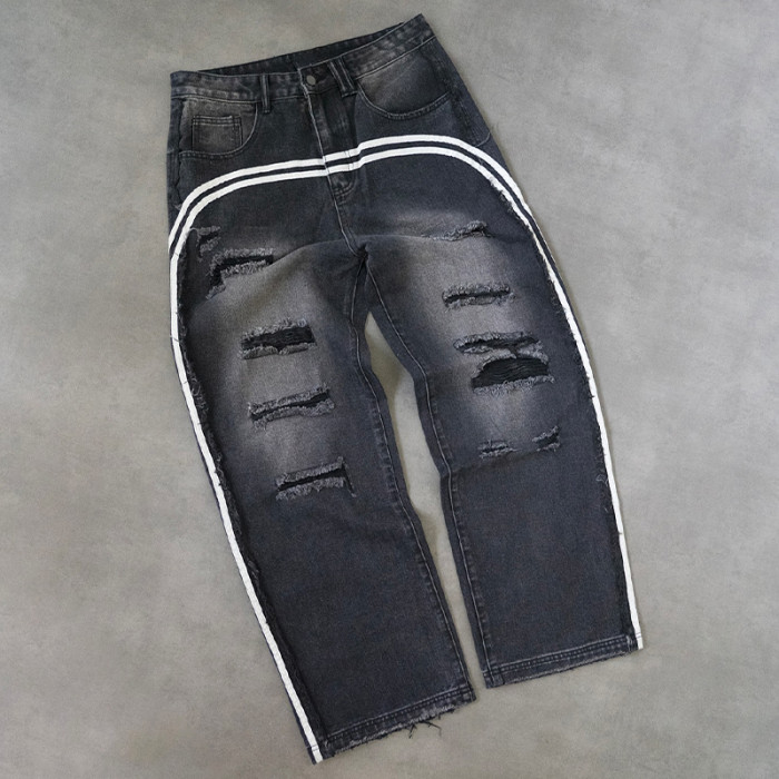 Chanjoye Acid Washing Reflective Jeans | Distressed Pants manufacturers | High Quality Splicing Pants Wholesale
