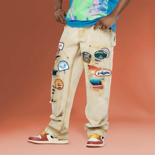 Chanjoye patch work Pants | Distressed vintage Jeans| Oversized Cargo Pants