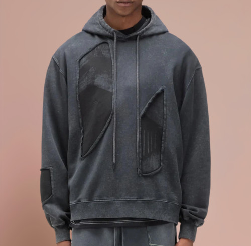 Chanjoye Cut and Sew Streetwear Custom Print Logos Distressed Hoodie Cotton Acid Wash Hoodie Supplier