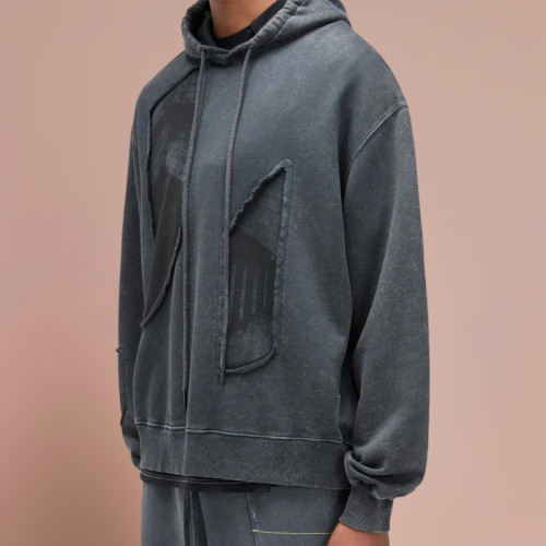 Chanjoye Cut and Sew Streetwear Custom Print Logos Distressed Hoodie Cotton Acid Wash Hoodie Supplier